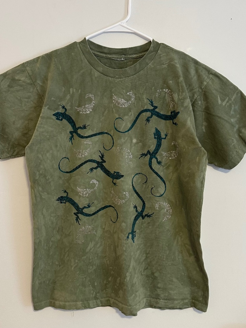 Men's Gecko Graphic Print T-Shirt Large Green Sage Tie Dye Y2K Short Sleeve